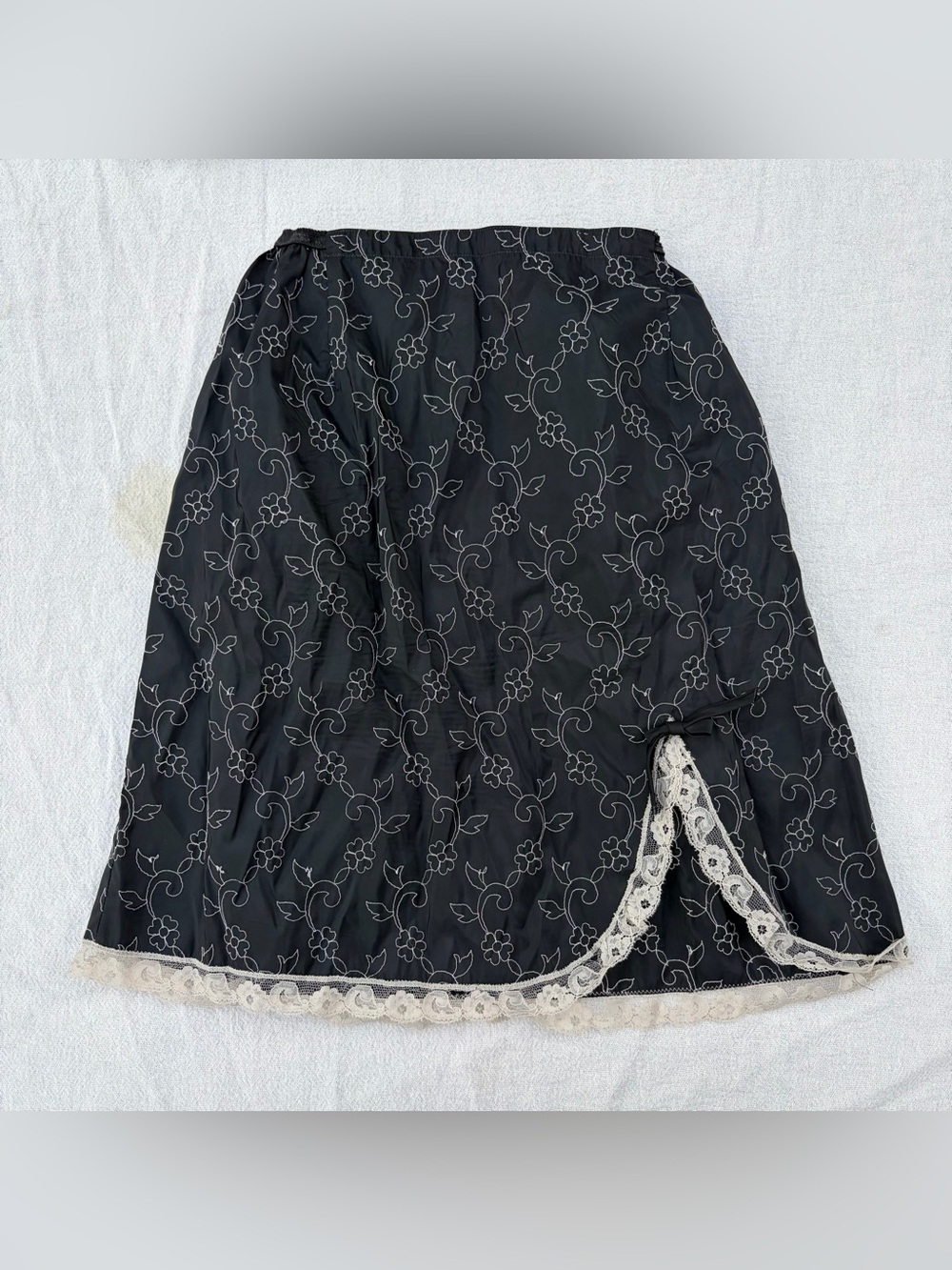 Vintage American Maid Black Lace Mini Slip Skirt, Embroidered Floral Whimsygoth
